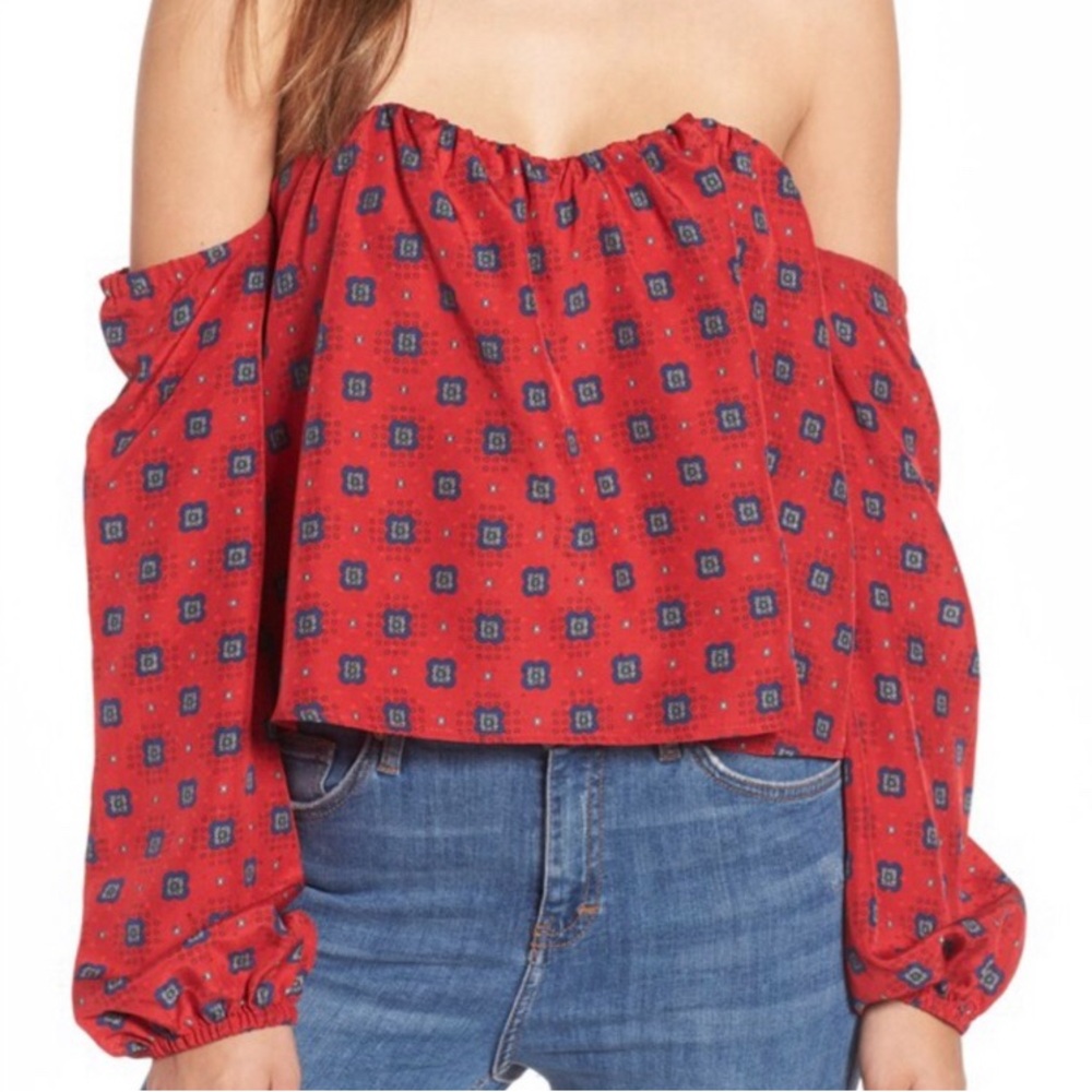 Stone Cold Fox Anita Red Off-Shoulder Silk Blouse
